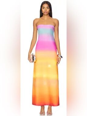 Mirae Strapless Ombre Maxi Dress in Pink, Aqua and Orange-Yellow